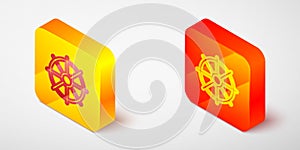 Isometric line Dharma wheel icon isolated on grey background. Buddhism religion sign. Dharmachakra symbol. Yellow and