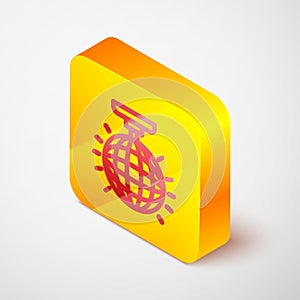 Isometric line Disco ball icon isolated on grey background. Yellow square button. Vector
