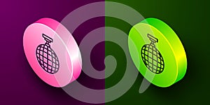 Isometric line Disco ball icon isolated on purple and green background. Circle button. Vector