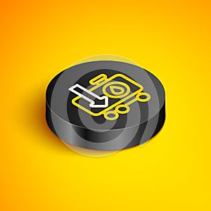 Isometric line Drop in crude oil price icon isolated on yellow background. Oil industry crisis concept. Black circle