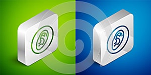 Isometric line Ear listen sound signal icon isolated on green and blue background. Ear hearing. Silver square button