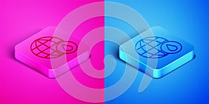 Isometric line Earth planet in water drop icon isolated on pink and blue background. World globe. Saving water and world