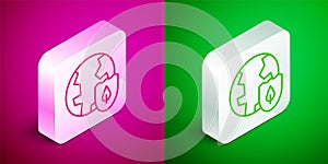 Isometric line Earth with shield icon isolated on pink and green background. Insurance concept. Security, safety