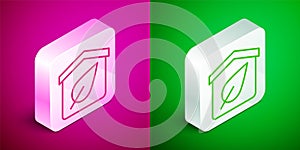 Isometric line Eco friendly house icon isolated on pink and green background. Eco house with leaf. Silver square button