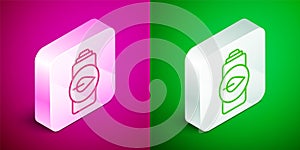 Isometric line Eco nature leaf and battery icon isolated on pink and green background. Energy based on ecology saving