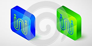 Isometric line Electric cable icon isolated on grey background. Electrical wire. Blue and green square button. Vector