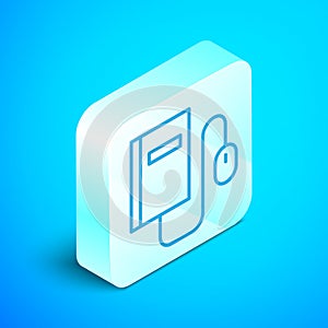 Isometric line Electronic book with mouse icon isolated on blue background. Online education concept. E-book badge icon