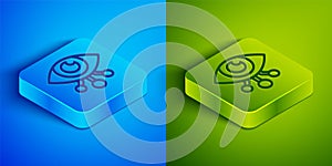Isometric line Eye scan icon isolated on blue and green background. Scanning eye. Security check symbol. Cyber eye sign