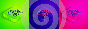 Isometric line Eye scan icon isolated on green, blue and pink background. Retinal scan. Scanning eye. Security check