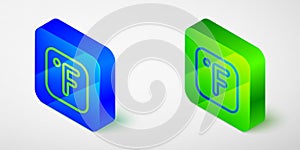 Isometric line Fahrenheit icon isolated on grey background. Blue and green square button. Vector