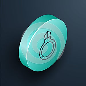 Isometric line Fantasy magic stone ring with gem icon isolated on black background. Turquoise circle button. Vector