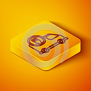Isometric line Fast round the clock delivery by car icon isolated on orange background. Yellow square button. Vector