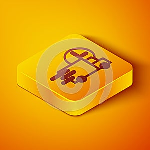 Isometric line Fast round the clock delivery by car icon isolated on orange background. Yellow square button. Vector