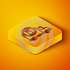 Isometric line Fast round the clock delivery by car icon isolated on orange background. Yellow square button. Vector