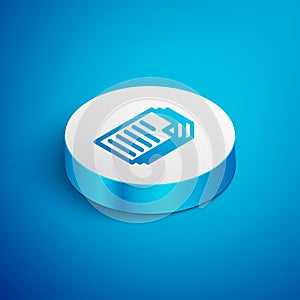 Isometric line File document icon isolated on blue background. Checklist icon. Business concept. White circle button