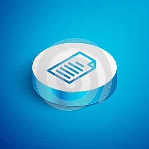 Isometric line File document icon isolated on blue background. Checklist icon. Business concept. White circle button