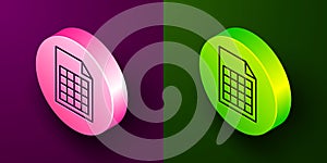 Isometric line File document icon isolated on purple and green background. Checklist icon. Business concept. Circle