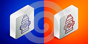 Isometric line Fire hydrant icon isolated on blue and orange background. Silver square button. Vector Illustration