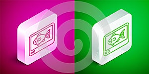 Isometric line Fish finder echo sounder icon isolated on pink and green background. Electronic equipment for fishing