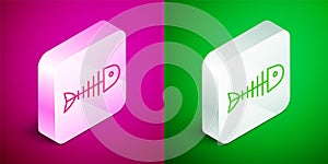 Isometric line Fish skeleton icon isolated on pink and green background. Fish bone sign. Silver square button. Vector