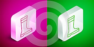 Isometric line Fishing boots icon isolated on pink and green background. Waterproof rubber boot. Gumboots for rainy