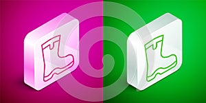 Isometric line Fishing boots icon isolated on pink and green background. Waterproof rubber boot. Gumboots for rainy