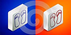 Isometric line Flip flops icon isolated on blue and orange background. Beach slippers sign. Silver square button. Vector