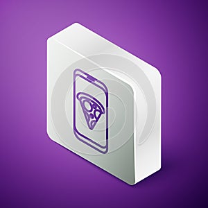 Isometric line Food ordering pizza icon isolated on purple background. Order by mobile phone. Restaurant food delivery