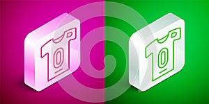 Isometric line Football jersey and t-shirt icon isolated on pink and green background. Silver square button. Vector