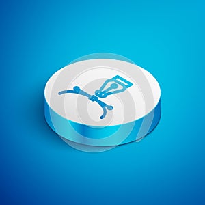 Isometric line Fountain pen nib icon isolated on blue background. Pen tool sign. White circle button. Vector