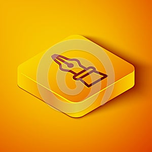 Isometric line Fountain pen nib icon isolated on orange background. Pen tool sign. Yellow square button. Vector