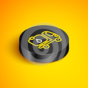 Isometric line Fuel tanker truck icon isolated on yellow background. Gasoline tanker. Black circle button. Vector