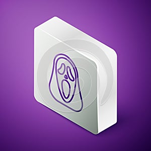 Isometric line Funny and scary ghost mask for Halloween icon isolated on purple background. Happy Halloween party