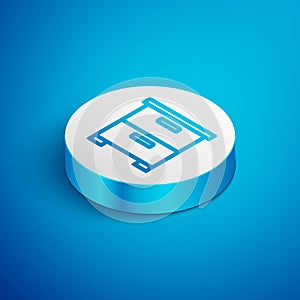 Isometric line Furniture nightstand icon isolated on blue background. White circle button. Vector