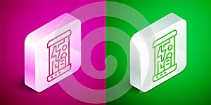 Isometric line Futuristic cryogenic capsules or containers icon isolated on pink and green background. Cryonic