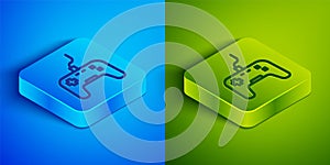 Isometric line Gamepad icon isolated on blue and green background. Game controller. Square button. Vector