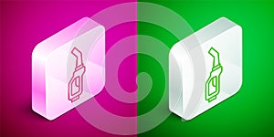 Isometric line Gasoline pump nozzle icon isolated on pink and green background. Fuel pump petrol station. Refuel service