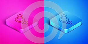 Isometric line Gender icon isolated on pink and blue background. Symbols of men and women. Sex symbol. Square button