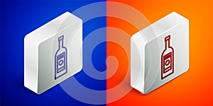 Isometric line Glass bottle of vodka icon isolated on blue and orange background. Silver square button. Vector