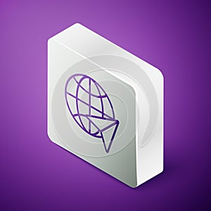 Isometric line Globe with flying plane icon isolated on purple background. Airplane fly around the planet earth