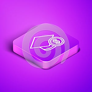 Isometric line Graduation cap and coin icon isolated on purple background. Education and money. Concept of scholarship