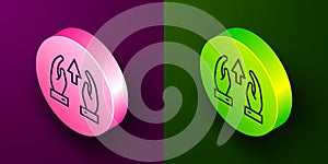 Isometric line Growth chart and progress in people crowd icon isolated on purple and green background. Arrow finance up