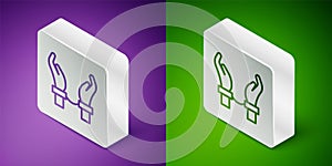 Isometric line Handcuffs on hands of criminal man icon isolated on purple and green background. Arrested man in