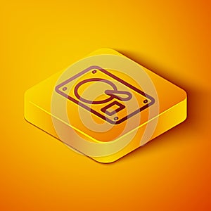 Isometric line Hard disk drive HDD icon isolated on orange background. Yellow square button. Vector Illustration