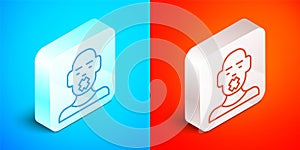 Isometric line Head of deaf and dumb guy icon isolated on blue and red background. Dumbness sign. Disability concept