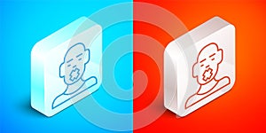 Isometric line Head of deaf and dumb guy icon isolated on blue and red background. Dumbness sign. Disability concept photo