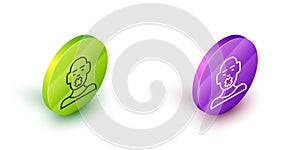 Isometric line Head of deaf and dumb guy icon isolated on white background. Dumbness sign. Disability concept. Green and