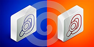 Isometric line Hearing aid icon isolated on blue and orange background. Hearing and ear. Silver square button. Vector