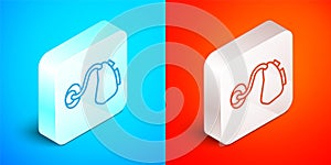 Isometric line Hearing aid icon isolated on blue and red background. Hearing and ear. Silver square button. Vector