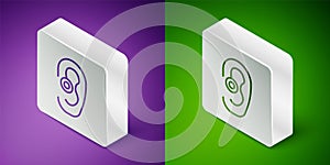 Isometric line Hearing aid icon isolated on purple and green background. Hearing and ear. Silver square button. Vector